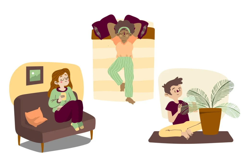 People relaxing in cozy settings.