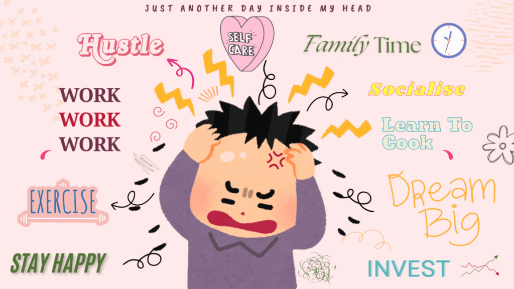 Illustration of an overwhelmed man surrounded by tasks like hustle, work, exercise, self-care, and investing.